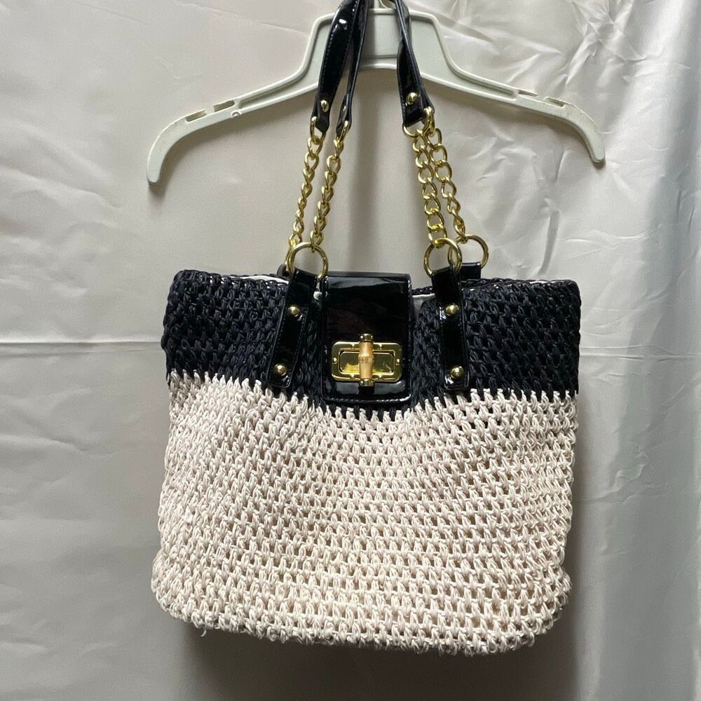 Pritzi black and natural woven tote leather and cotton